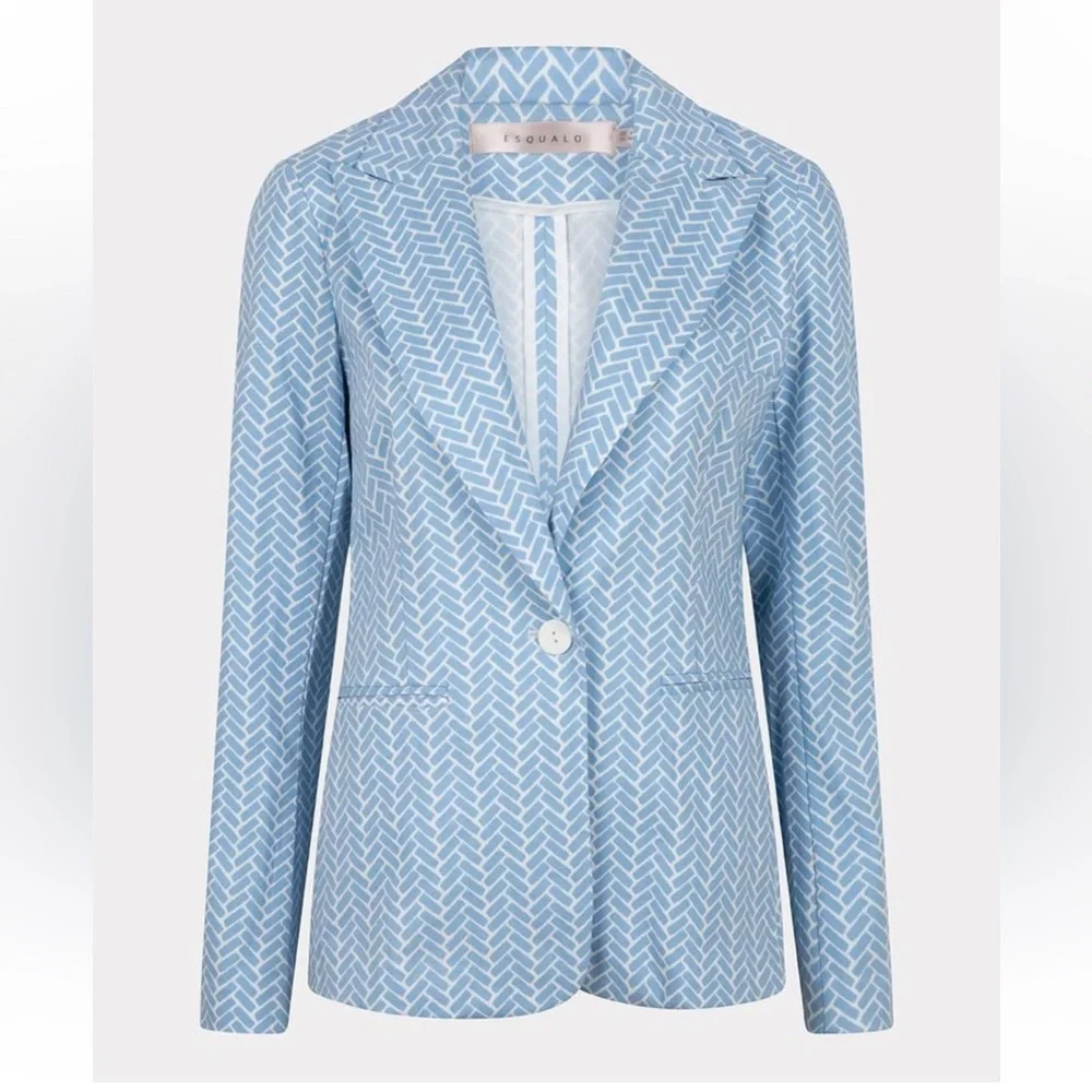 Esqualo Women’s 14 Stretch Block Print Light Blue & White Lightweight Blazer NWT
